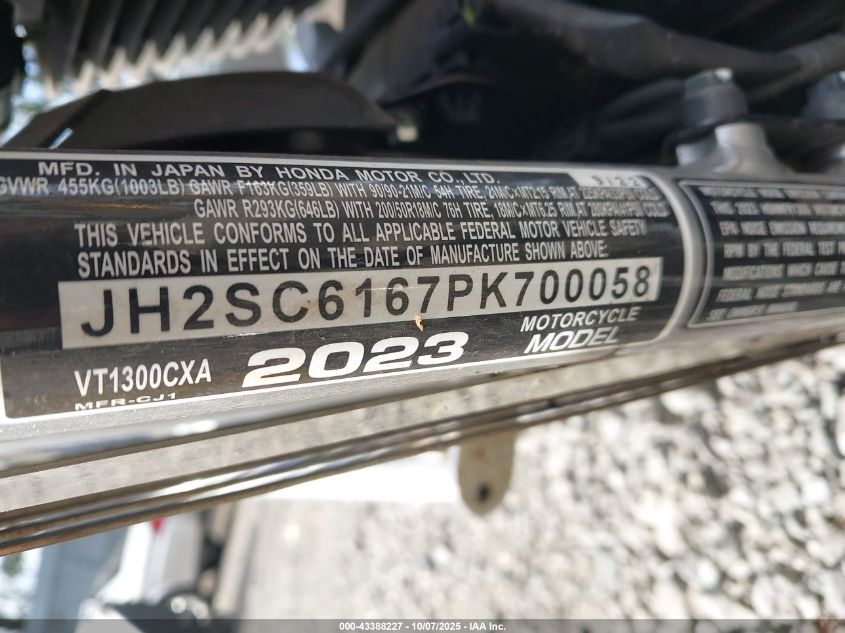 2023 Honda Vt1300 Cxa VIN: JH2SC6167PK700058 Lot: 43388227
