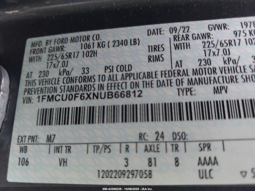 2022 Ford Escape S VIN: 1FMCU0F6XNUB66812 Lot: 43388239