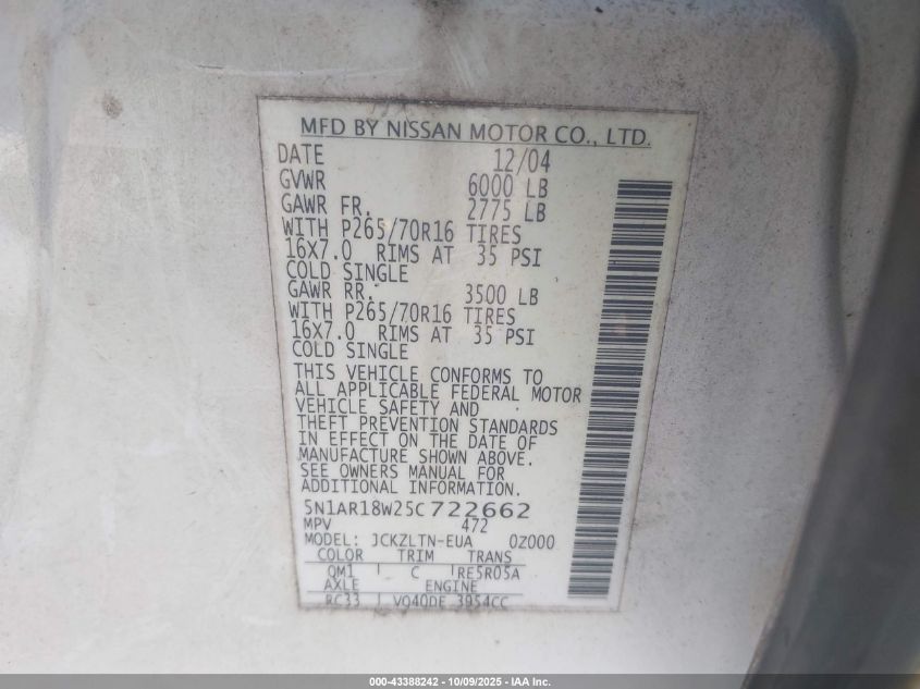 2005 Nissan Pathfinder Se VIN: 5N1AR18W25C722662 Lot: 43388242