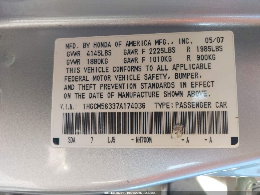 2007 Honda Accord 2.4 Se VIN: 1HGCM56337A174036 Lot: 43388261