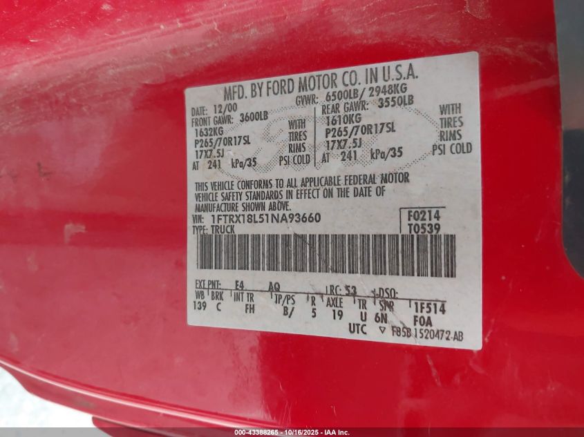 2001 Ford F-150 Lariat/Xl/Xlt VIN: 1FTRX18L51NA93660 Lot: 43388265