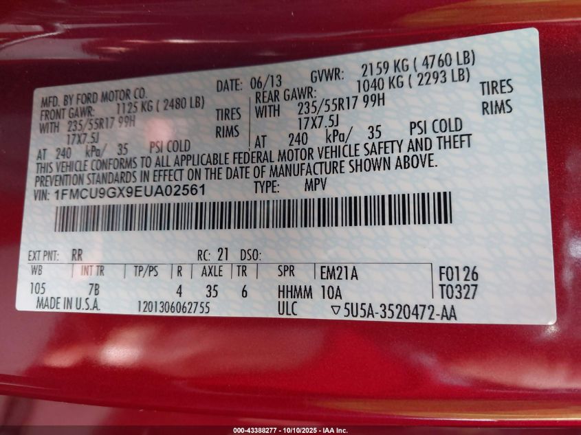 2014 Ford Escape Se VIN: 1FMCU9GX9EUA02561 Lot: 43388277