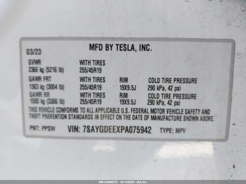 2023 Tesla Model Y Awd/Long Range Dual Motor All-Wheel Drive VIN: 7SAYGDEEXPA075942 Lot: 43388278