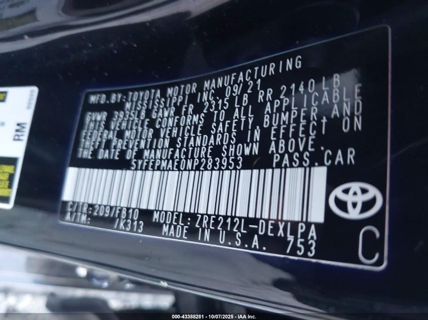 2022 Toyota Corolla Le VIN: 5YFEPMAE0NP283953 Lot: 43388281