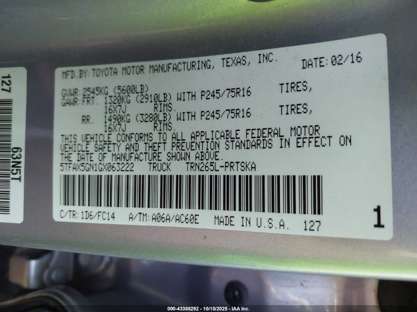 2016 Toyota Tacoma Sr5 VIN: 5TFAX5GN1GX063222 Lot: 43388292