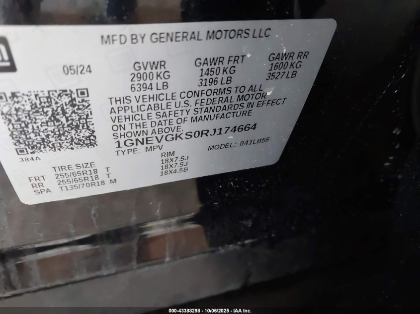 2024 Chevrolet Traverse Awd Lt VIN: 1GNEVGKS0RJ174664 Lot: 43388298