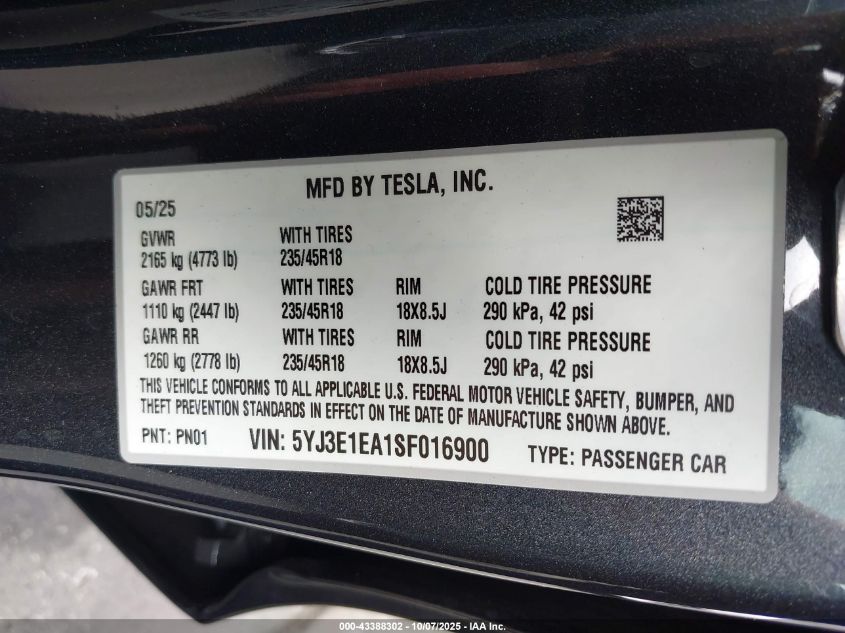 2025 Tesla Model 3 Long Range Rear-Wheel Drive VIN: 5YJ3E1EA1SF016900 Lot: 43388302