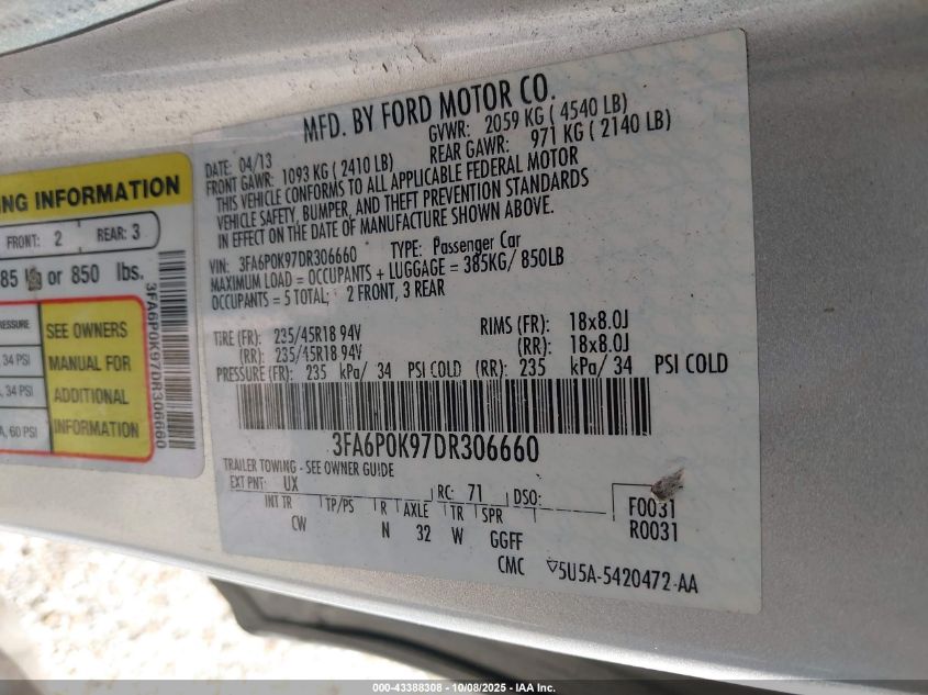 2013 Ford Fusion Titanium VIN: 3FA6P0K97DR306660 Lot: 43388308