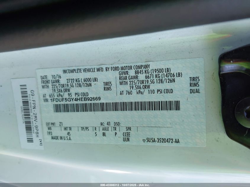 2017 Ford F-550 Chassis Xl VIN: 1FDUF5GY4HEB92669 Lot: 43388312