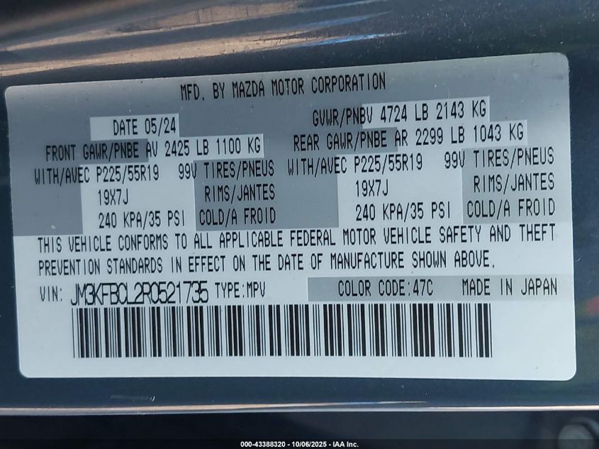 2024 Mazda Cx-5 2.5 S Carbon Edition VIN: JM3KFBCL2R0521735 Lot: 43388320