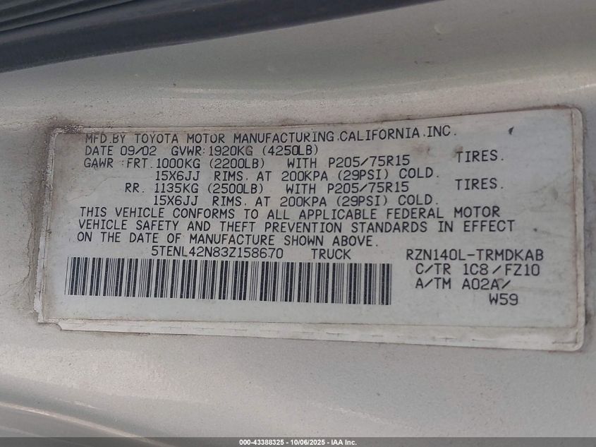 2003 Toyota Tacoma VIN: 5TENL42N83Z158670 Lot: 43388325