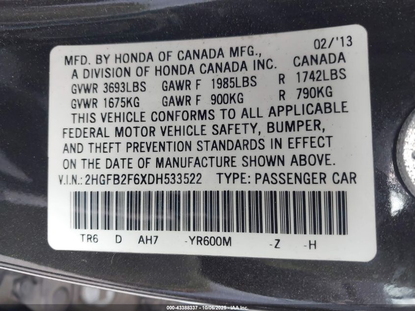 2013 Honda Civic Hf VIN: 2HGFB2F6XDH533522 Lot: 43388337