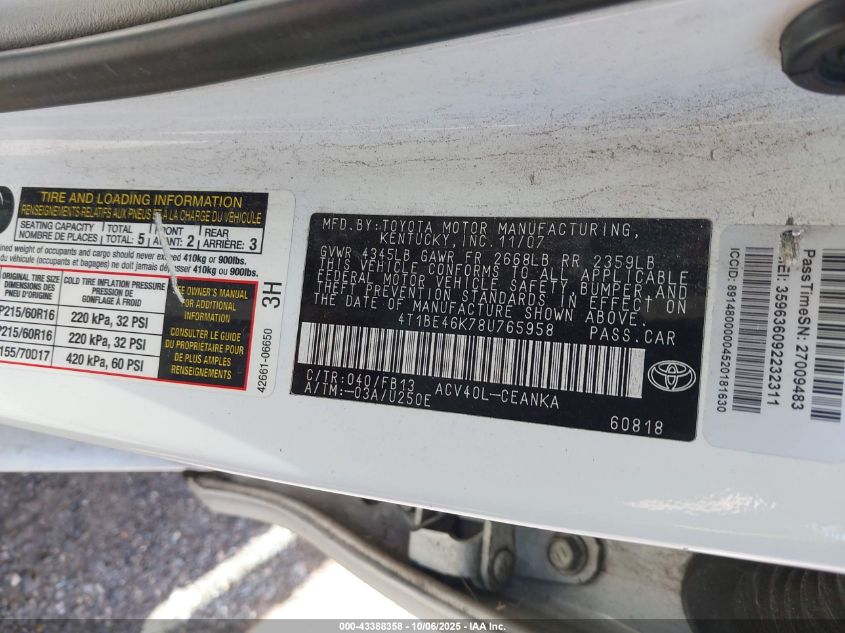 2008 Toyota Camry Le VIN: 4T1BE46K78U765958 Lot: 43388358