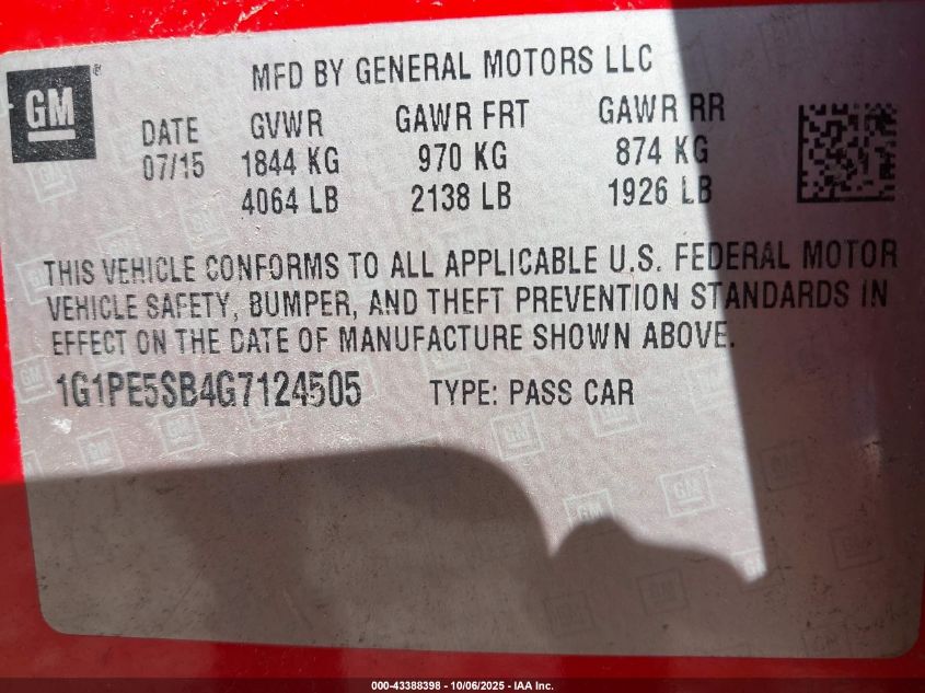 2016 Chevrolet Cruze Limited 1Lt Auto VIN: 1G1PE5SB4G7124505 Lot: 43388398