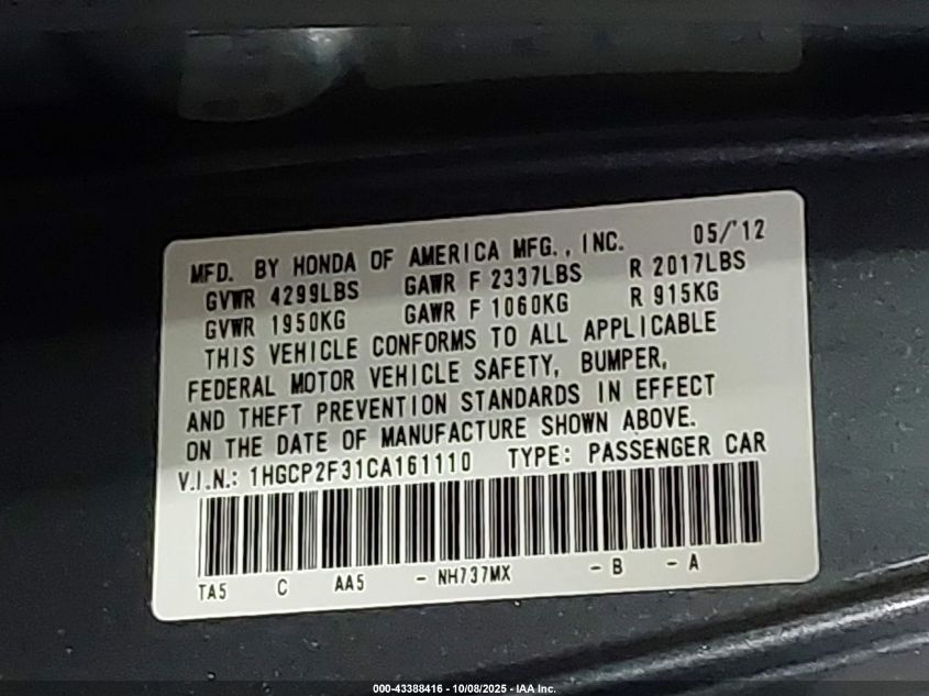 2012 Honda Accord 2.4 Lx VIN: 1HGCP2F31CA161110 Lot: 43388416