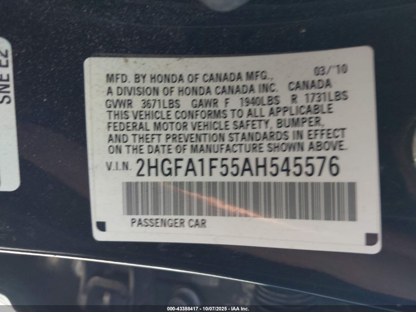2010 Honda Civic Lx VIN: 2HGFA1F55AH545576 Lot: 43388417