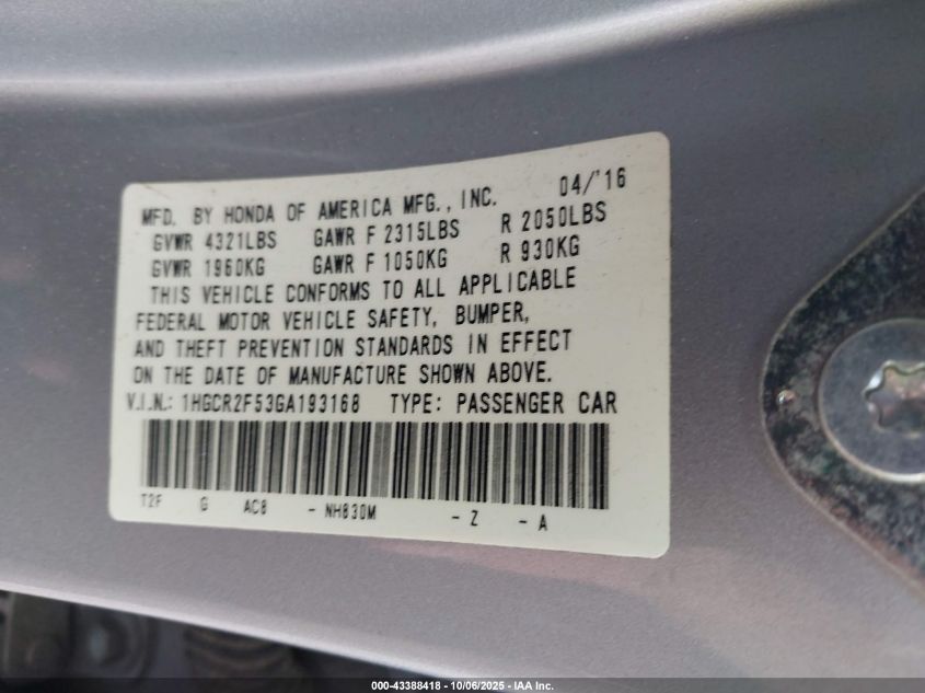 2016 Honda Accord Sport VIN: 1HGCR2F53GA193168 Lot: 43388418