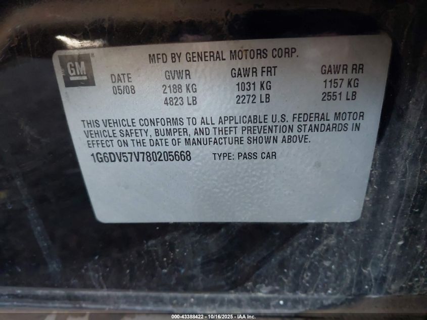 2008 Cadillac Cts Standard VIN: 1G6DV57V780205668 Lot: 43388422