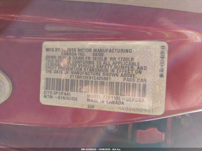 2001 Toyota Corolla Le VIN: 2T1BR12E81C425681 Lot: 43388424