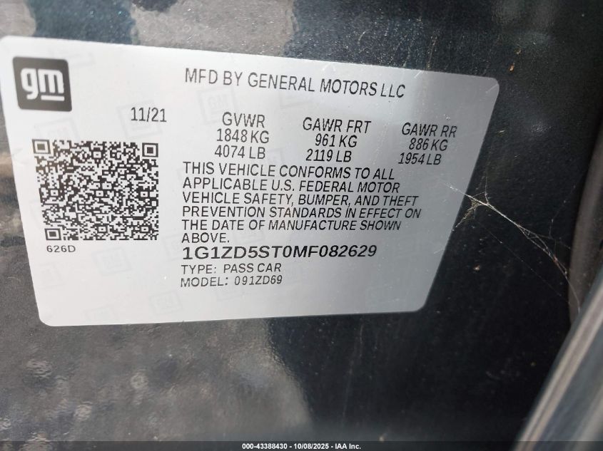 2021 Chevrolet Malibu Fwd Lt VIN: 1G1ZD5ST0MF082629 Lot: 43388430