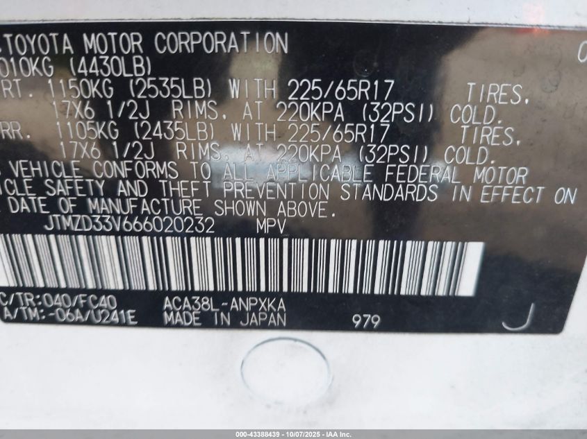 2006 Toyota Rav4 VIN: JTMZD33V666020232 Lot: 43388439