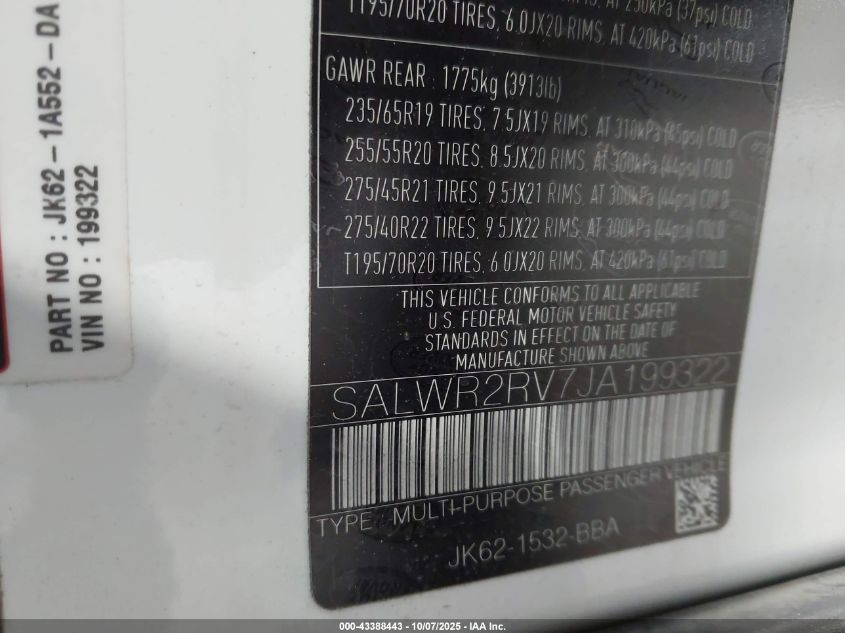 2018 Land Rover Range Rover Sport Hse VIN: SALWR2RV7JA199322 Lot: 43388443