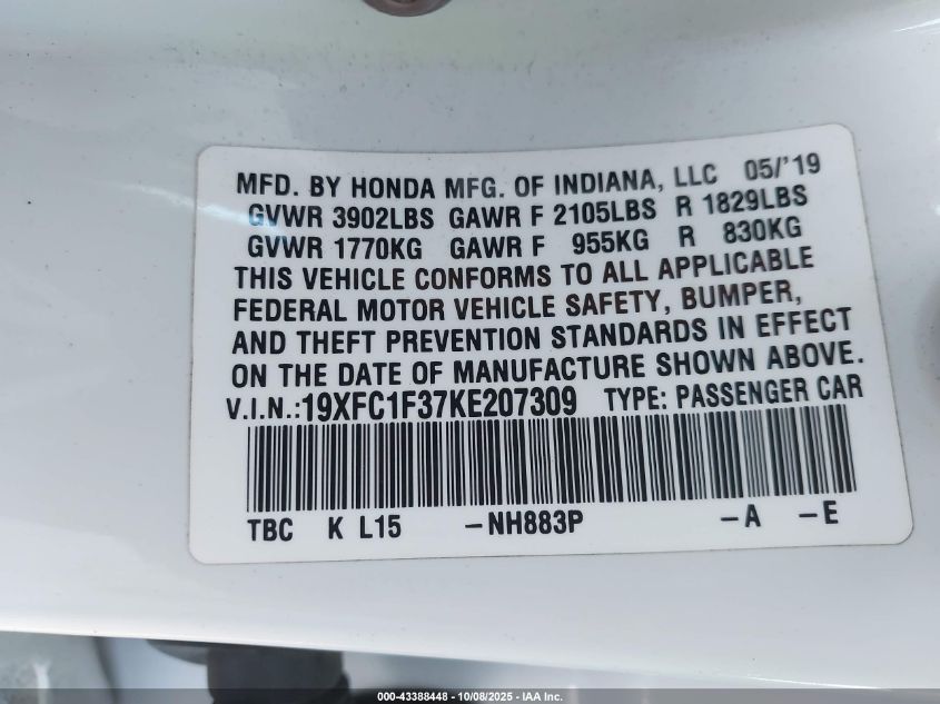2019 Honda Civic Ex VIN: 19XFC1F37KE207309 Lot: 43388448