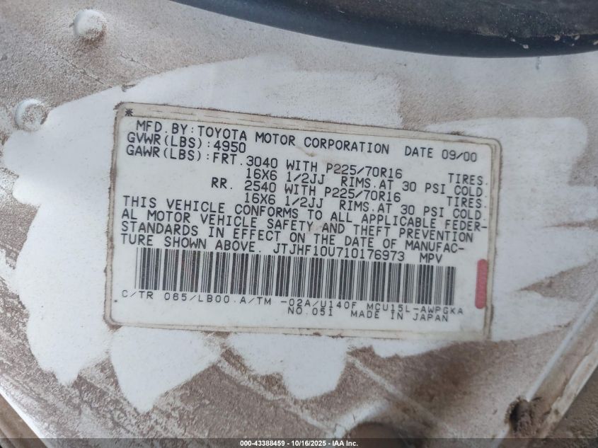 2001 Lexus Rx 300 VIN: JTJHF10U710176973 Lot: 43388459