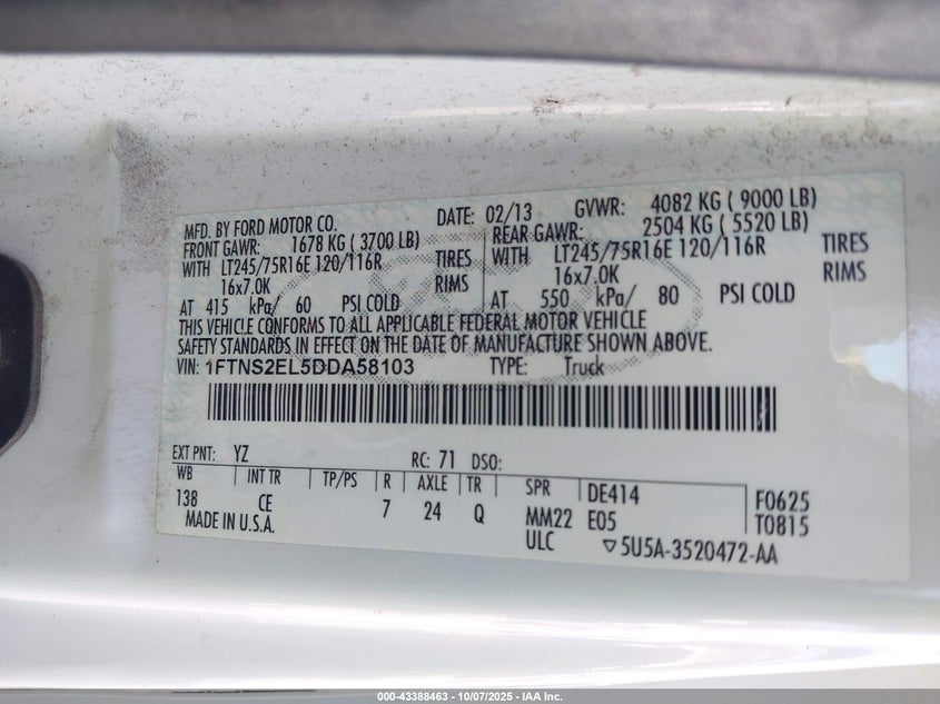 2013 FORD E-250 COMMERCIAL 1FTNS2EL5DDA58103