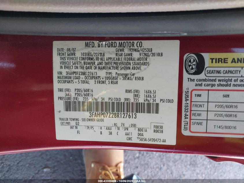 2008 Ford Fusion Se VIN: 3FAHP07Z28R127613 Lot: 43388466