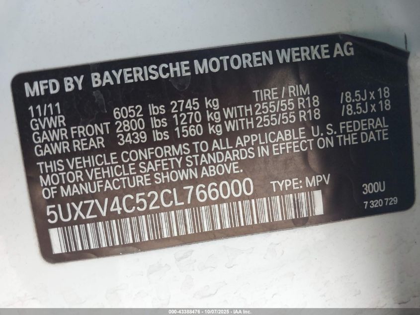 2012 BMW X5 xDrive35I/xDrive35I Premium/xDrive35I Sport Activity VIN: 5UXZV4C52CL766000 Lot: 43388476