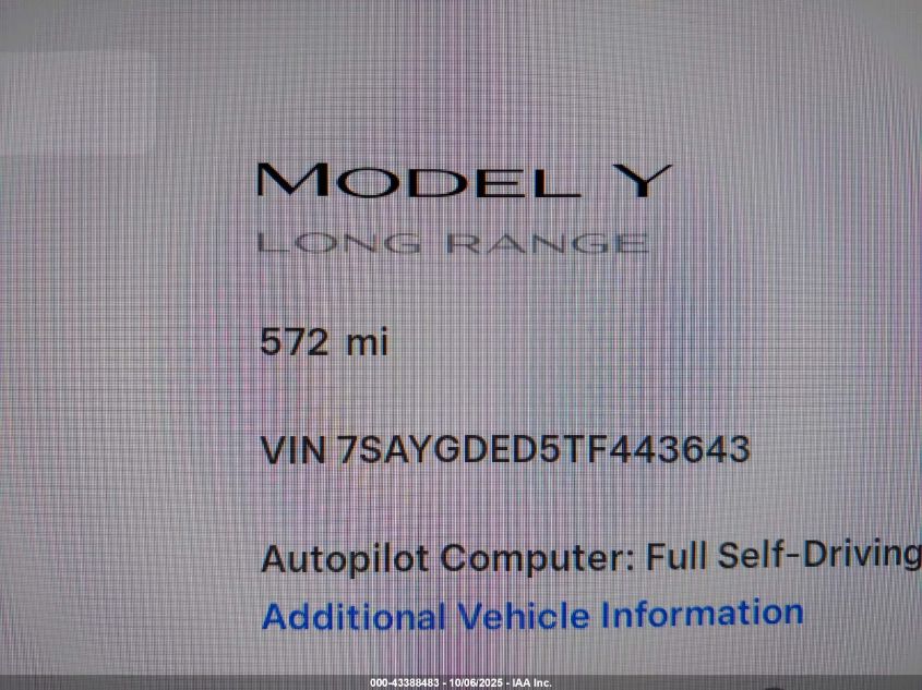 2026 Tesla Model Y Long Range Dual Motor All-Wheel Drive VIN: 7SAYGDED5TF443643 Lot: 43388483