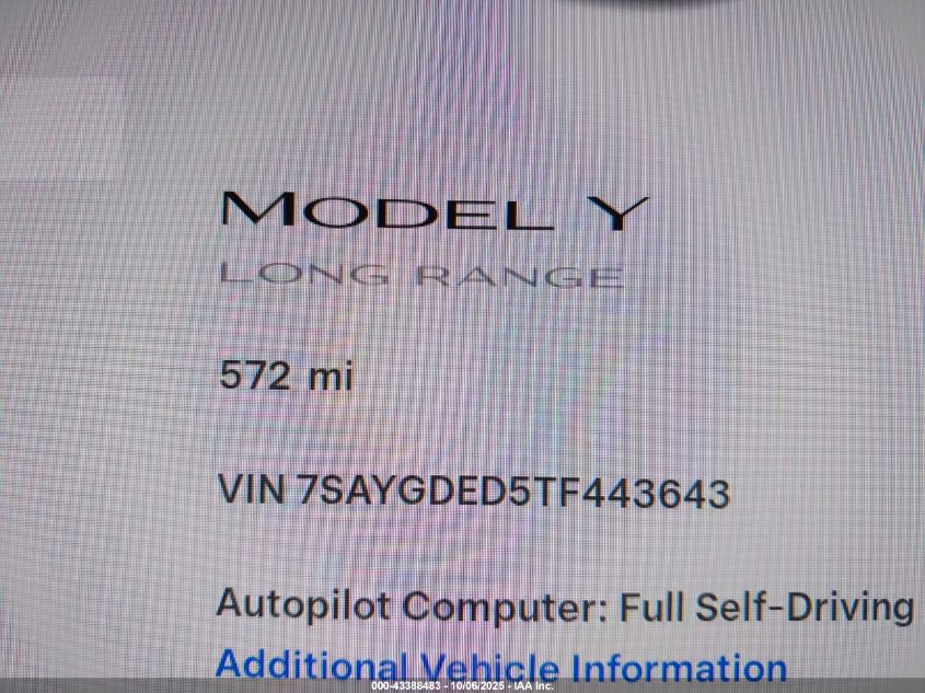 2026 Tesla Model Y Long Range Dual Motor All-Wheel Drive VIN: 7SAYGDED5TF443643 Lot: 43388483