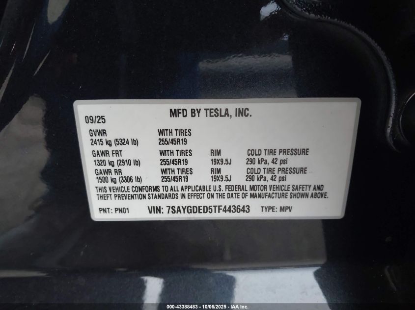 2026 Tesla Model Y Long Range Dual Motor All-Wheel Drive VIN: 7SAYGDED5TF443643 Lot: 43388483