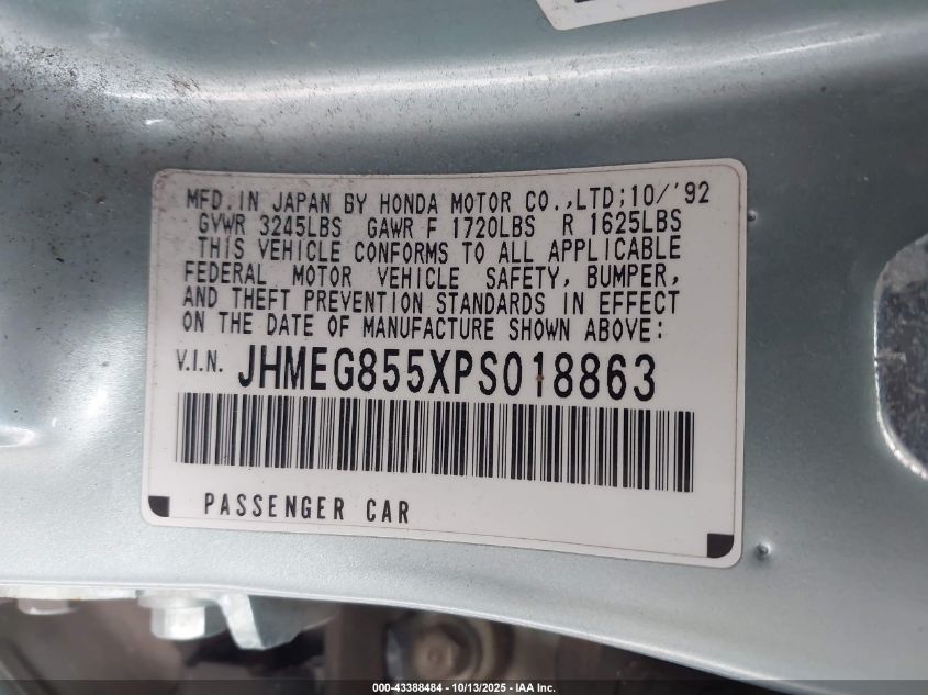 1993 Honda Civic Lx VIN: JHMEG855XPS018863 Lot: 43388484