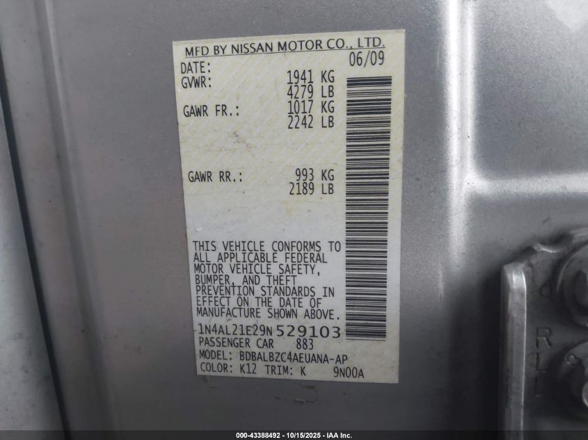 2009 Nissan Altima 2.5 S VIN: 1N4AL21E29N529103 Lot: 43388492