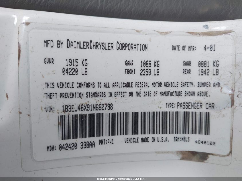 2001 Dodge Stratus Se VIN: 1B3EJ46X91N660798 Lot: 43388493