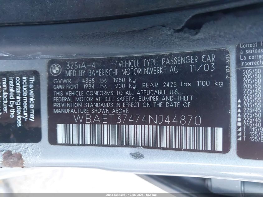 2004 BMW 325I VIN: WBAET37474NJ44870 Lot: 43388495