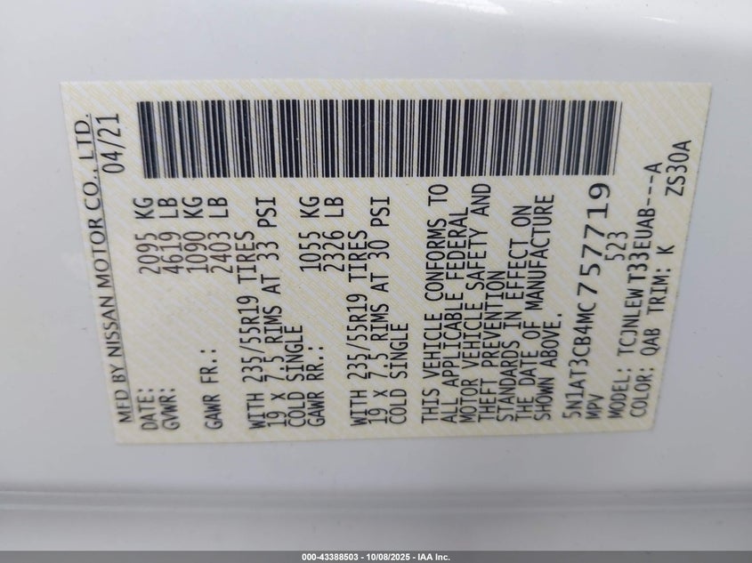 2021 Nissan Rogue Sl Intelligent Awd VIN: 5N1AT3CB4MC757719 Lot: 43388503