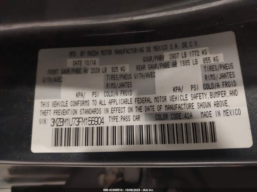 2015 Mazda Mazda3 I Sport VIN: 3MZBM1U73FM156904 Lot: 43388514