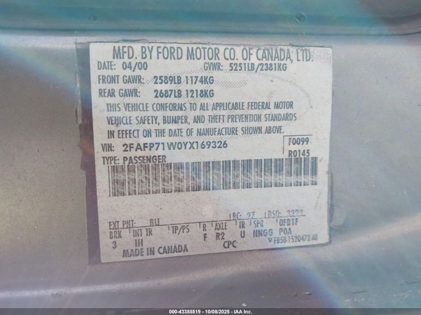 2000 Ford Crown Victoria Police Interceptor VIN: 2FAFP71W0YX169326 Lot: 43388519