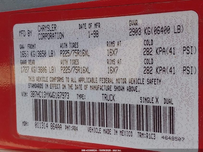 1998 Dodge Ram 1500 St VIN: 3B7HC13YXWG167973 Lot: 43388524