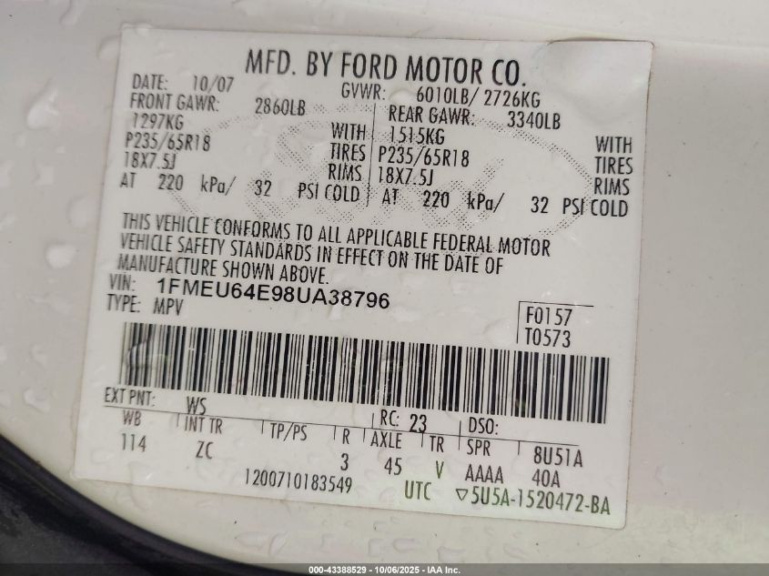 2008 Ford Explorer Eddie Bauer VIN: 1FMEU64E98UA38796 Lot: 43388529