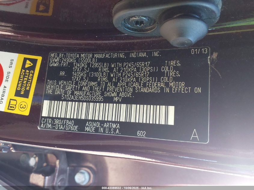 2013 Toyota Highlander VIN: 5TDZA3EH5DS035995 Lot: 43388532