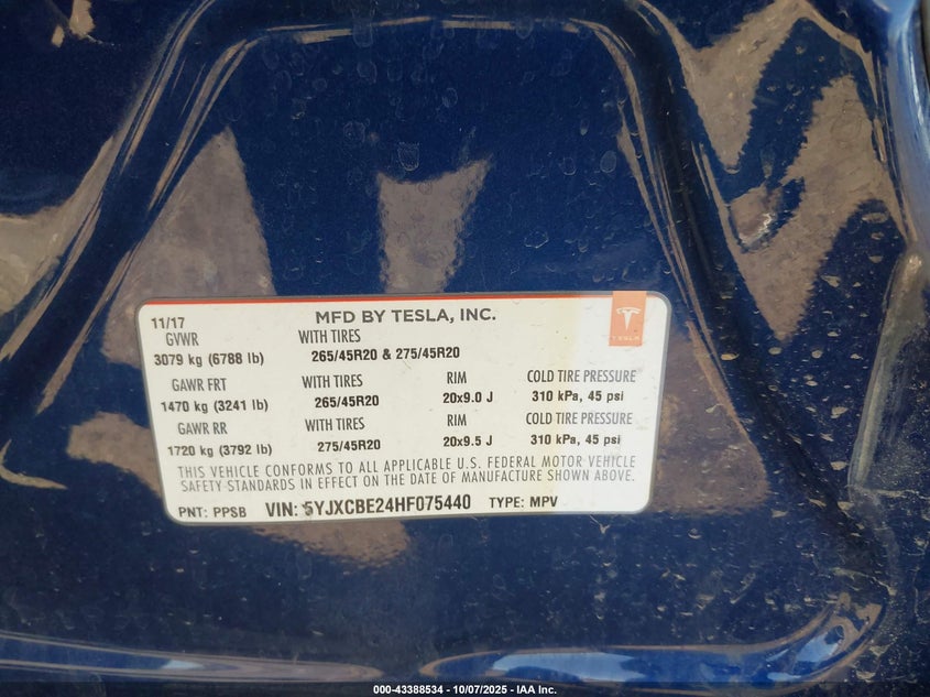 2017 Tesla Model X 100D/75D/90D VIN: 5YJXCBE24HF075440 Lot: 43388534
