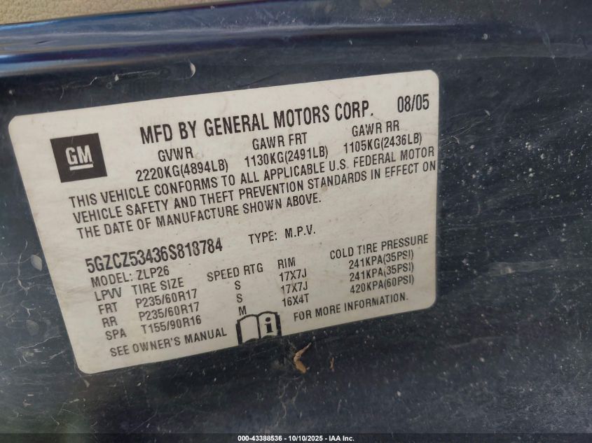 2006 Saturn Vue V6 VIN: 5GZCZ53436S818784 Lot: 43388536