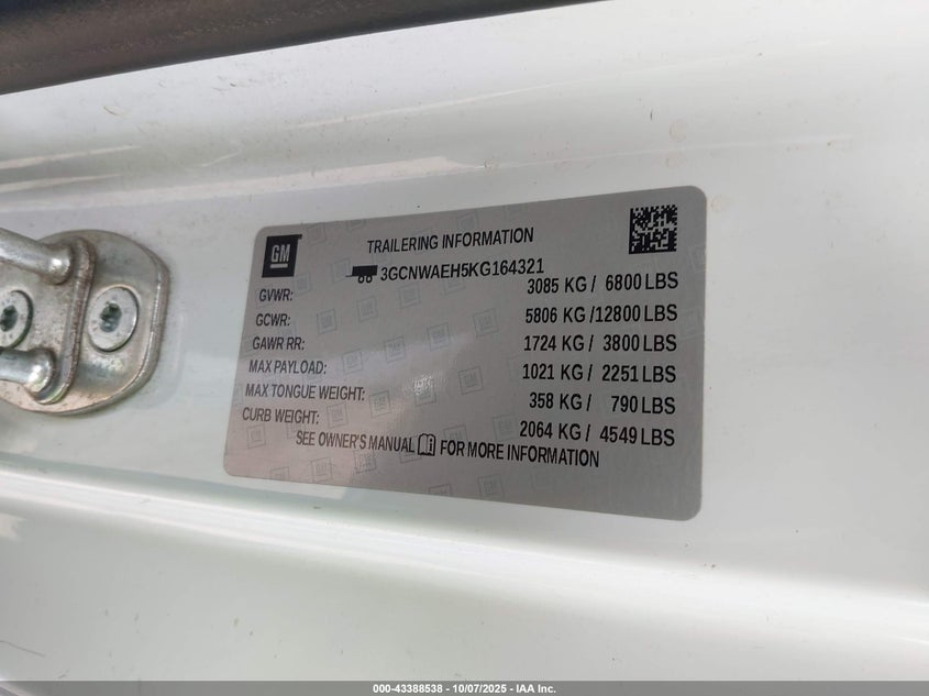 2019 Chevrolet Silverado 1500 Work Truck VIN: 3GCNWAEH5KG164321 Lot: 43388538