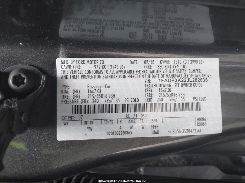 2018 Ford Focus Se VIN: 1FADP3K22JL282838 Lot: 43388547