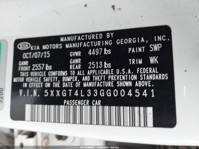 2016 Kia Optima Lx VIN: 5XXGT4L33GG004541 Lot: 43388551