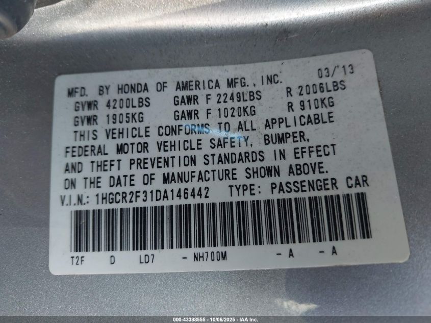 2013 Honda Accord Lx VIN: 1HGCR2F31DA146442 Lot: 43388555